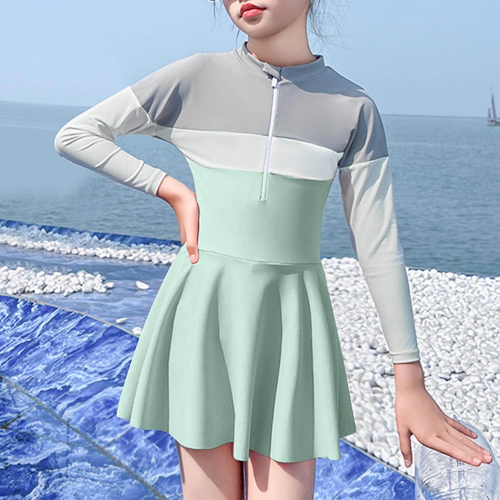 JingChang Girls One Piece Color Block Swimsuit Long Sleeve Bathing Suit with Skirt UPF 50+ Kids Rash Guard Beach Swimwear,Green,5 Years
